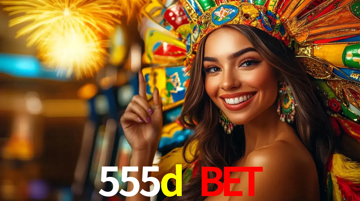 Mulher sorridente com um cocar de carnaval vibrante e colorido, celebrando uma grande vitória nos jogos do cassino 555d bet com fogos de artifício ao fundo.
