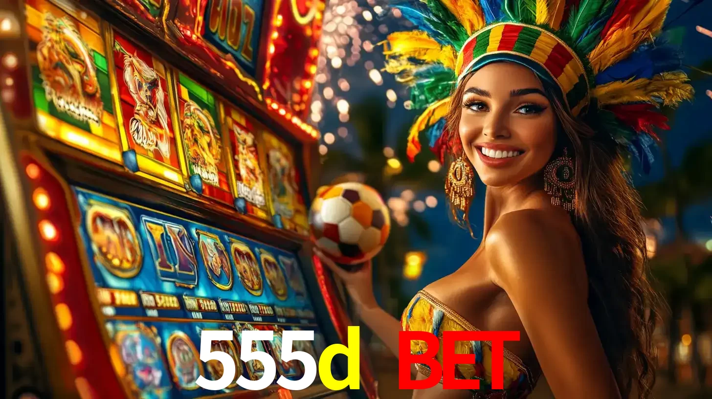 Mulher com um cocar de carnaval ao lado de uma máquina de caça-níqueis enquanto segura uma bola de futebol, mostrando a união da diversão de cassino e esportes no 555d bet.