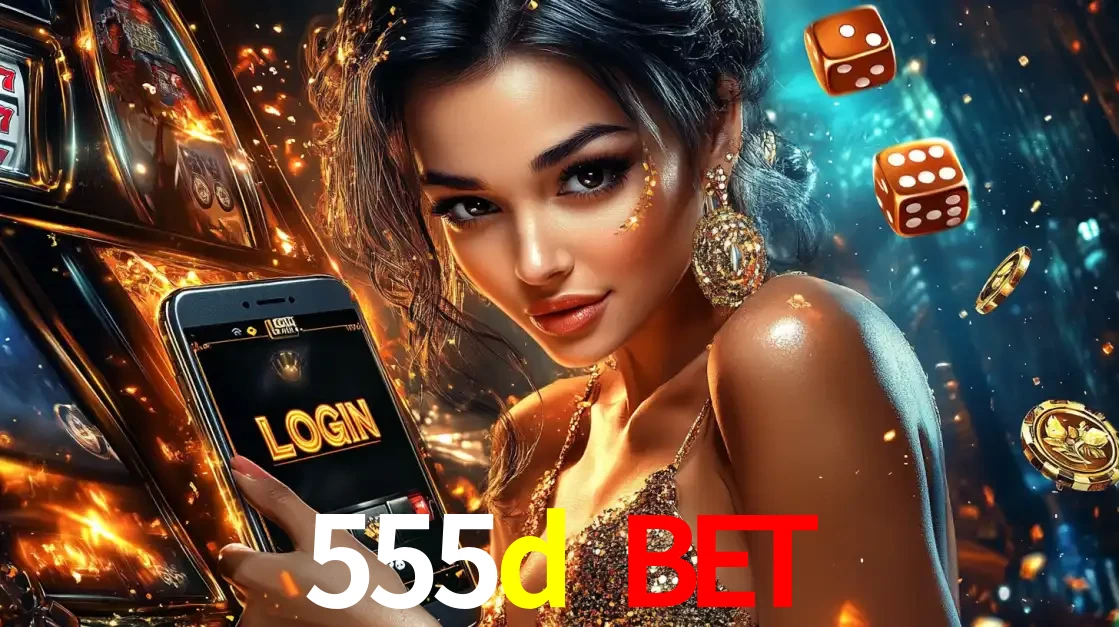 Mulher glamourosa segurando um celular com a tela de login do cassino 555d bet, rodeada por dados e moedas douradas, pronta para começar a diversão.