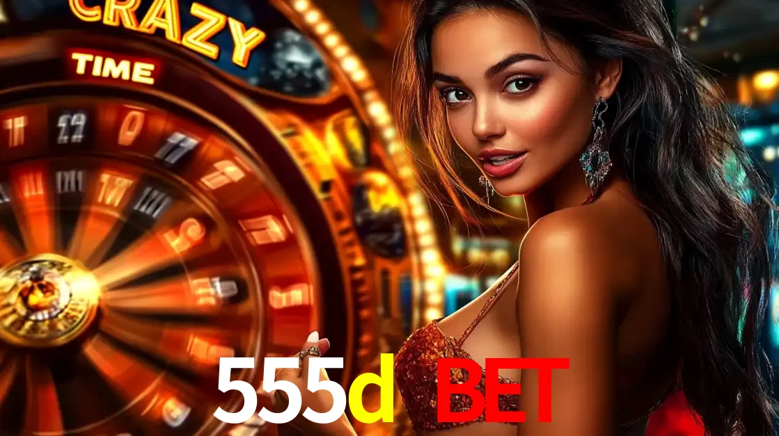 Mulher ao lado da roda de prêmios do jogo de cassino ao vivo Crazy Time, um dos shows de jogos mais emocionantes oferecidos pela plataforma de apostas 555d bet.