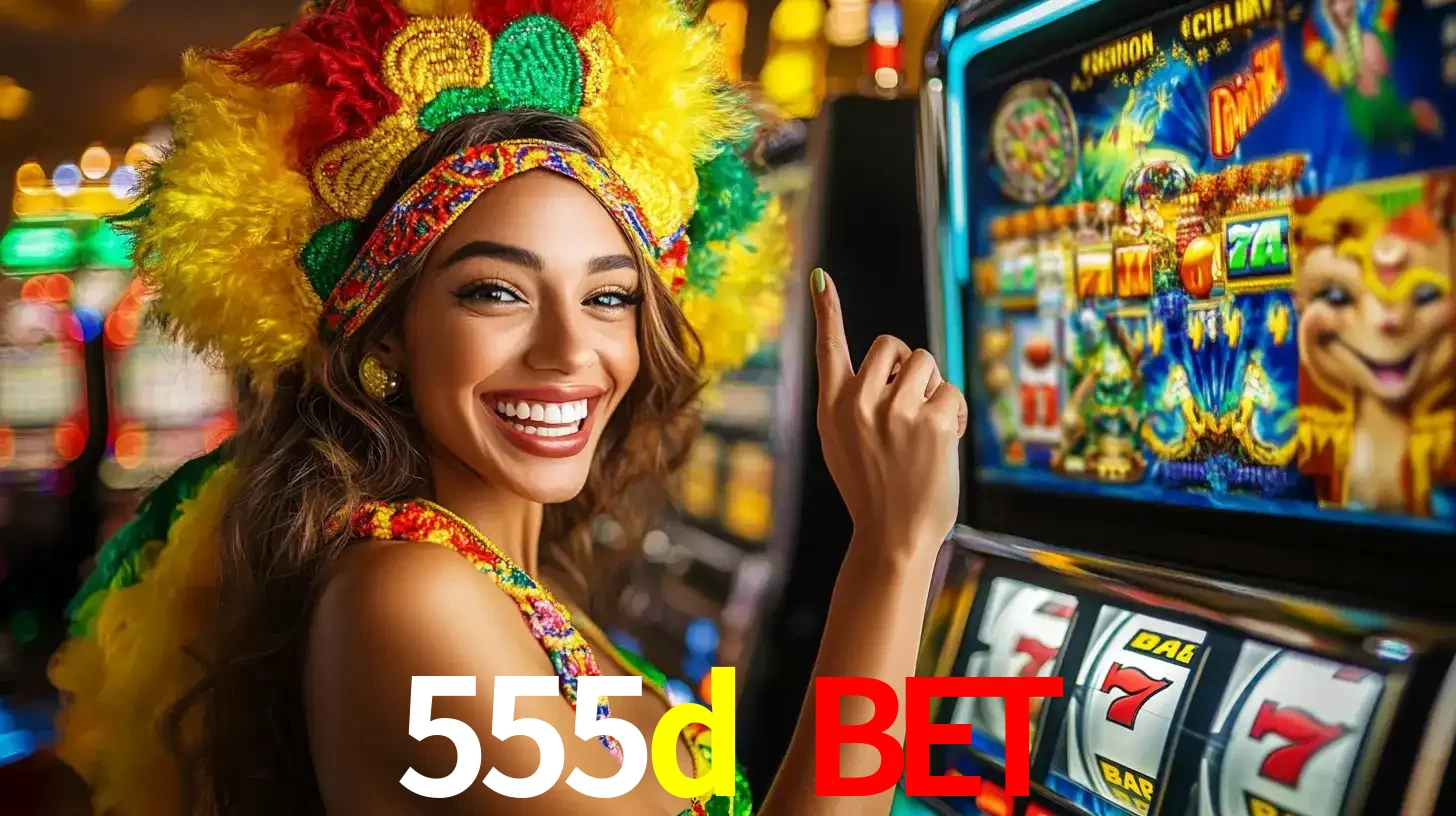 Mulher animada com um cocar de carnaval apontando para uma máquina de caça-níqueis, mostrando a emoção de ganhar um grande prêmio nos jogos do 555d bet.