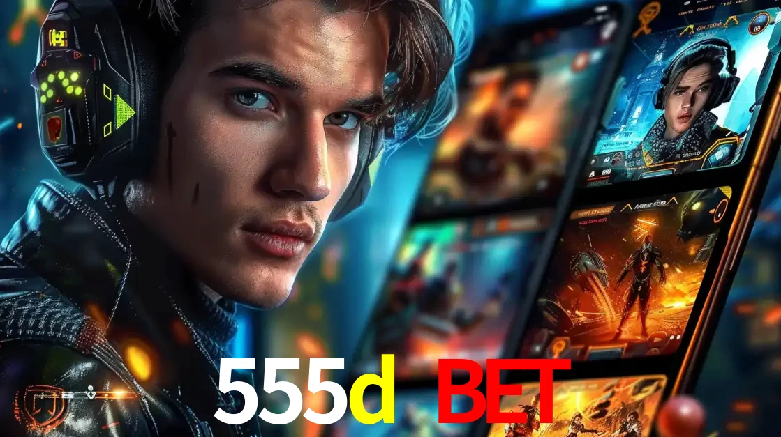 Jovem jogador com fones de ouvido olhando para a câmera, com um aplicativo de jogos e e-sports para celular ao fundo, pronto para a competição e apostas no 555d bet.