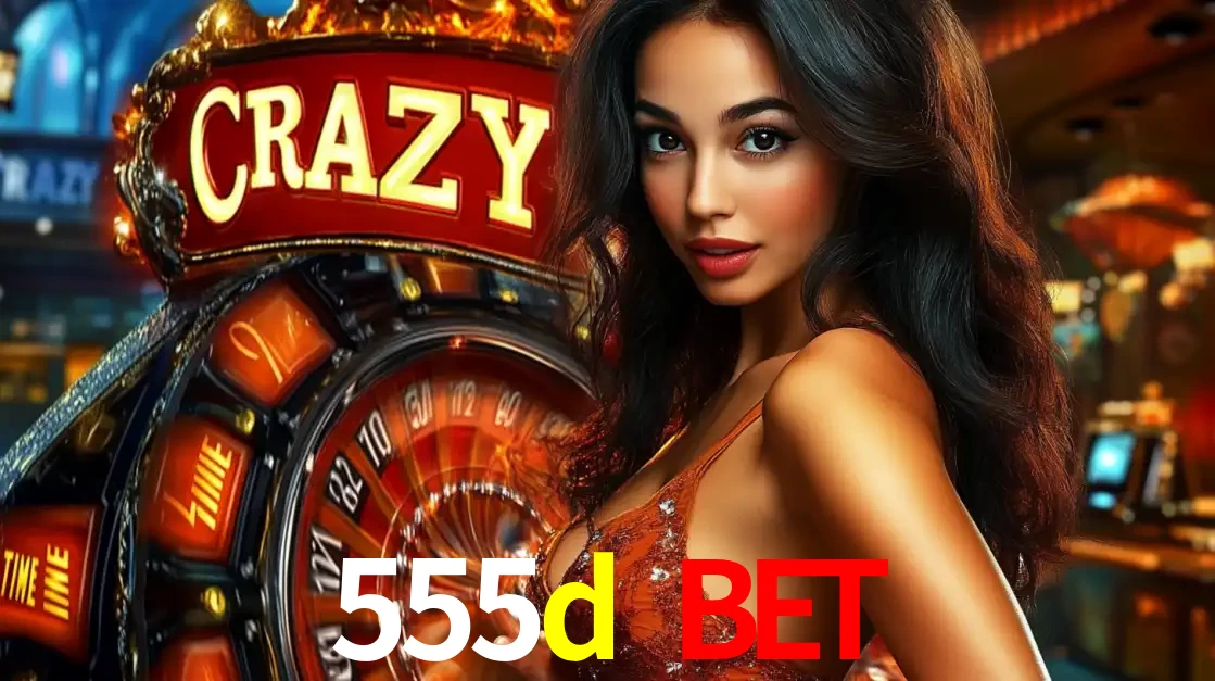 Mulher glamourosa olhando para a câmera com a roda vermelha do Crazy Time ao fundo em um ambiente de cassino, destacando a emoção dos jogos ao vivo no 555d bet.