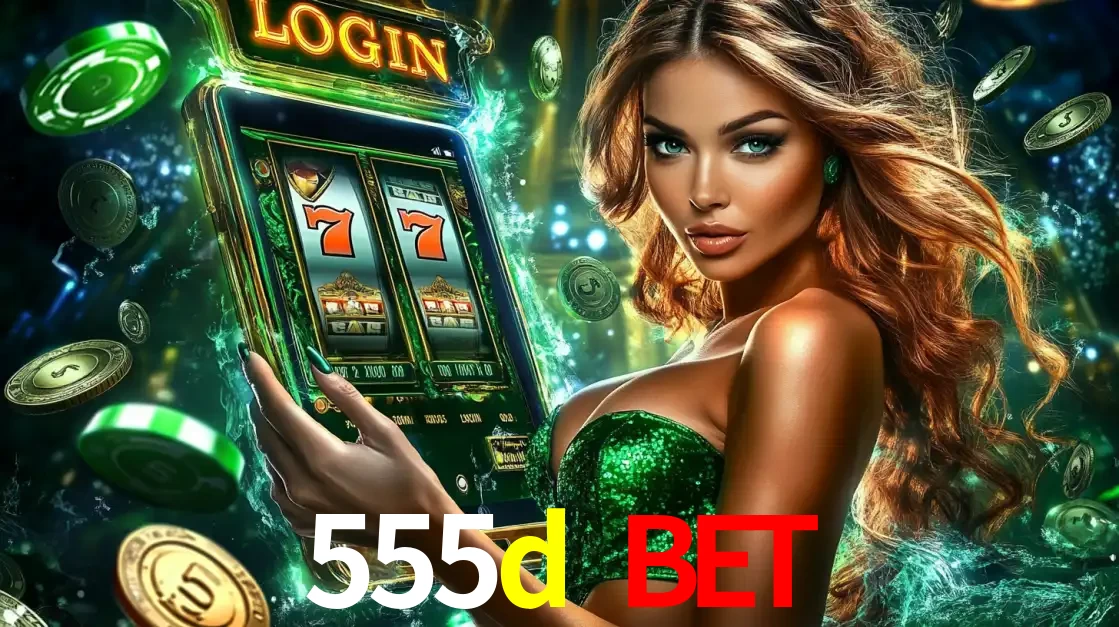 Mulher com tema verde apresentando o aplicativo do cassino 555d bet com um jogo de slot de 777, cercada por fichas de cassino e uma aura de sorte.