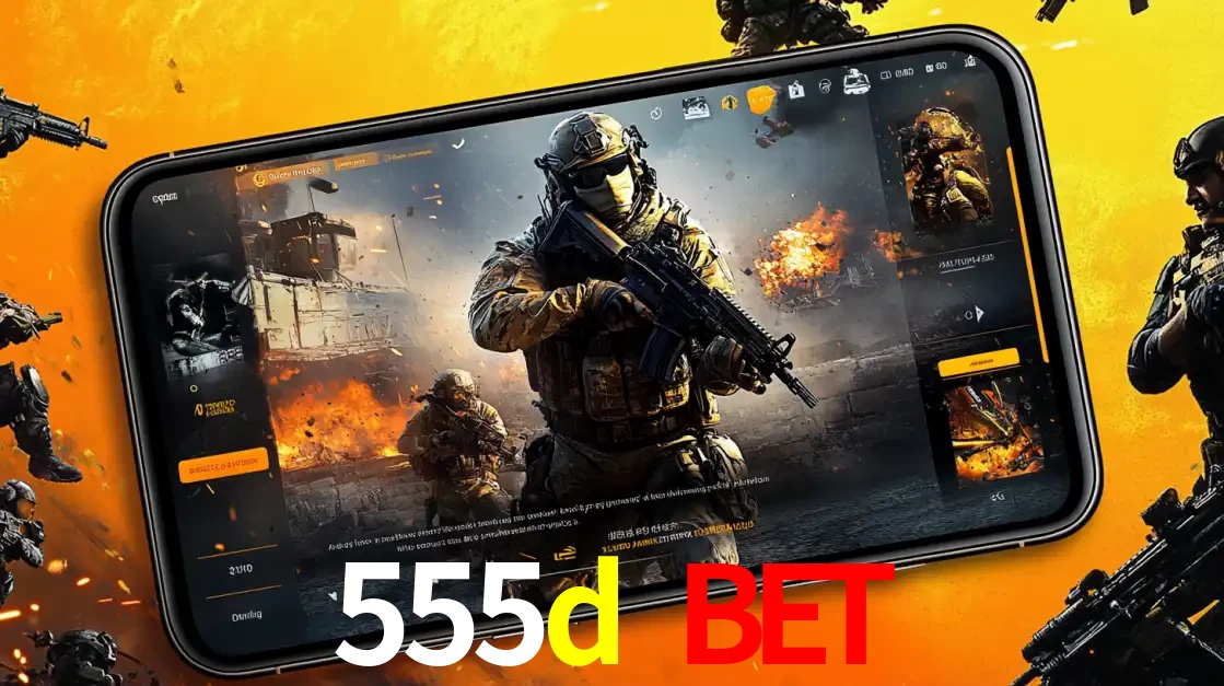 Um smartphone exibindo a interface de um jogo de tiro em primeira pessoa, com um soldado em um cenário de batalha, representando a ação dos e-sports para apostar no 555d bet.