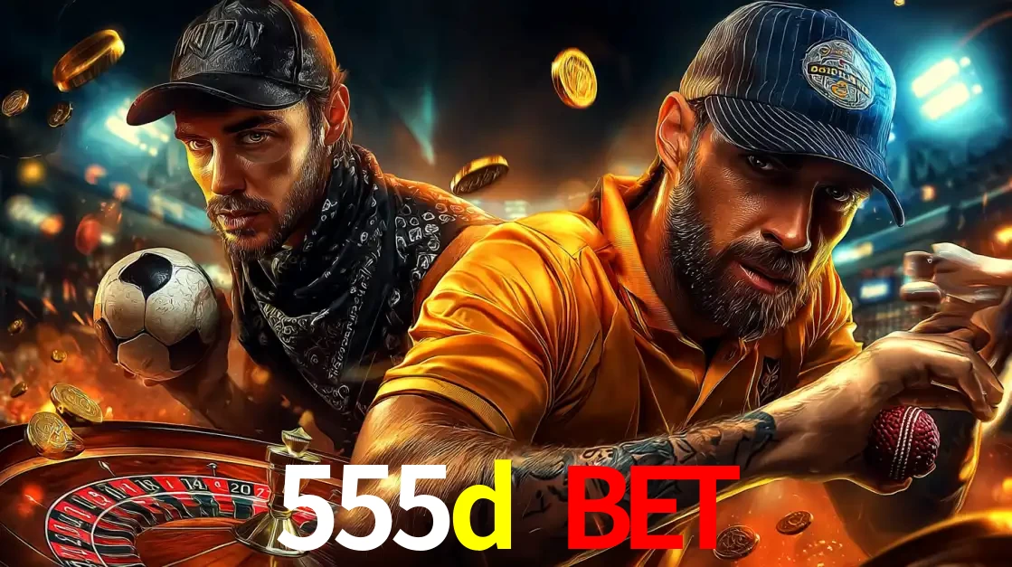 Montagem de apostas esportivas e cassino no 555d bet, com um homem segurando uma bola de futebol e outro uma de beisebol sobre uma roleta e moedas voadoras.