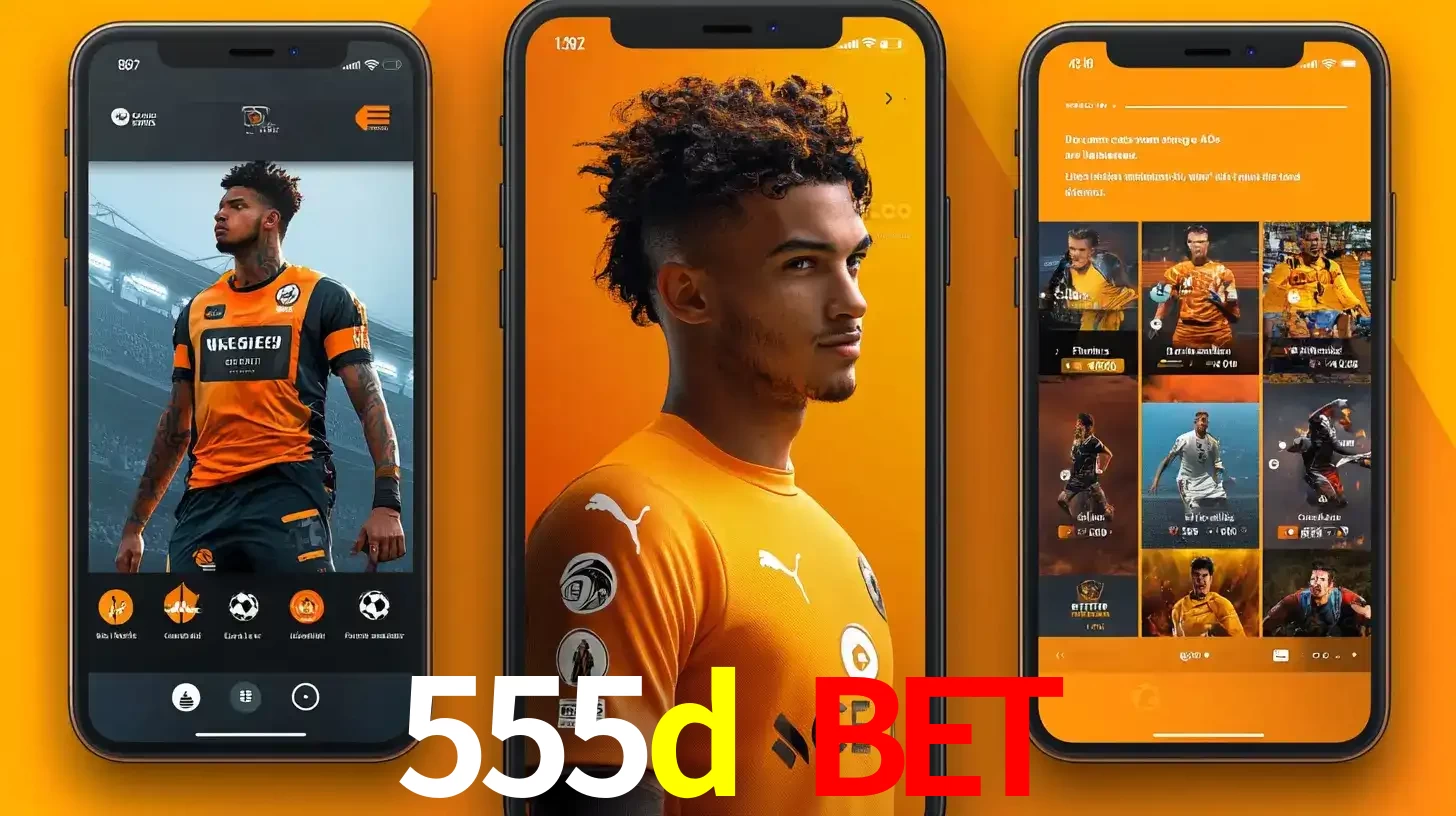 Interface do aplicativo de apostas esportivas 555d bet em três telas de celular, mostrando o perfil de um jogador de futebol e a lista de jogos disponíveis para apostar.