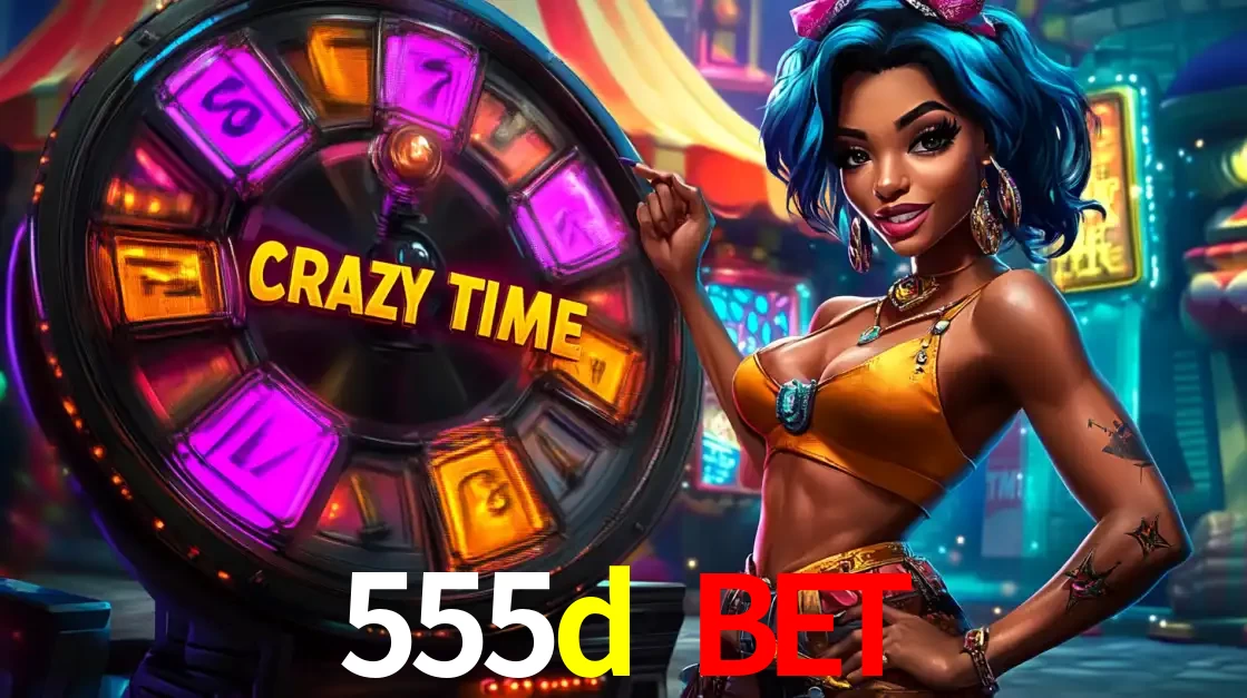 Mulher estilizada com cabelo azul e visual vibrante posando ao lado da roda de prêmios do game show Crazy Time, convidando para a diversão e os bônus do cassino 555d bet.