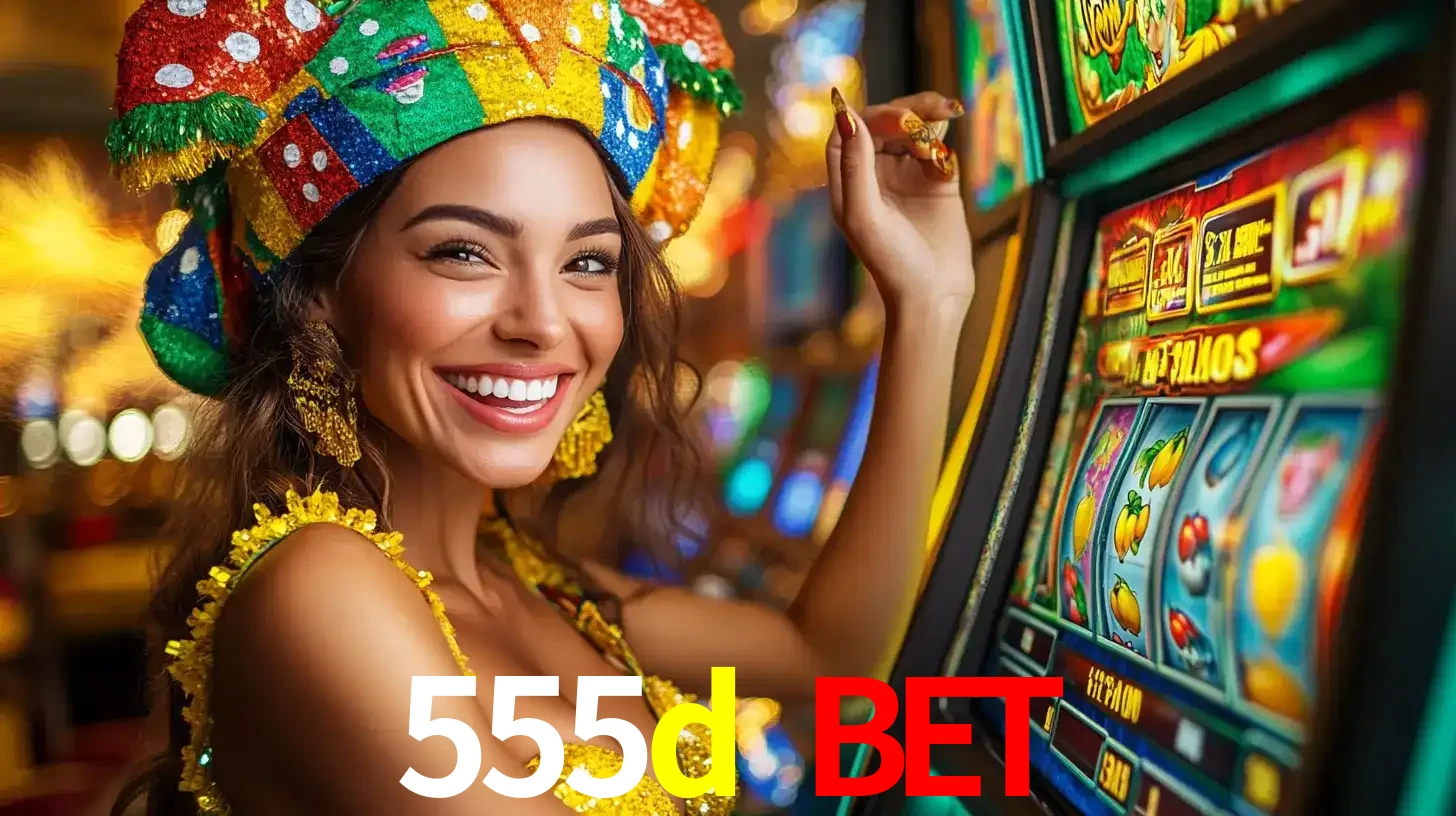 Mulher feliz com traje de carnaval amarelo e colorido ao lado de uma máquina de caça-níqueis, aproveitando a diversão e os jogos temáticos do cassino 555d bet.