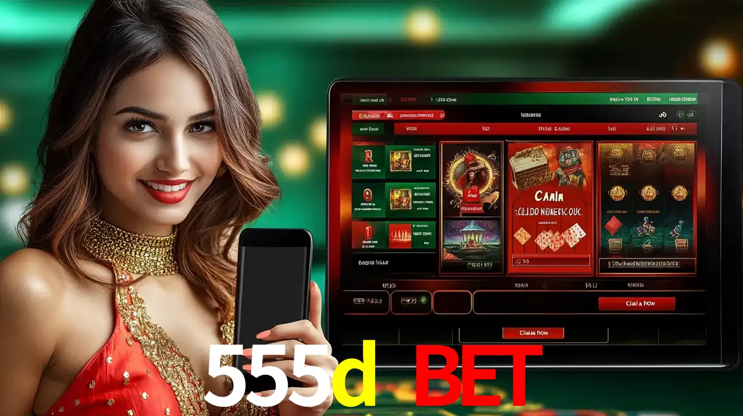 Mulher sorridente segurando um smartphone, ao lado de uma tela exibindo o lobby de jogos do cassino online 555d bet, com várias opções de jogos de cartas e slots.